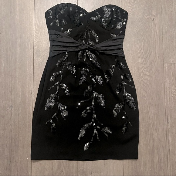 BCBG MaxAzria Black Strapless Sequin Embroidered Mini Dress with Silk Waist - Picture 1 of 2